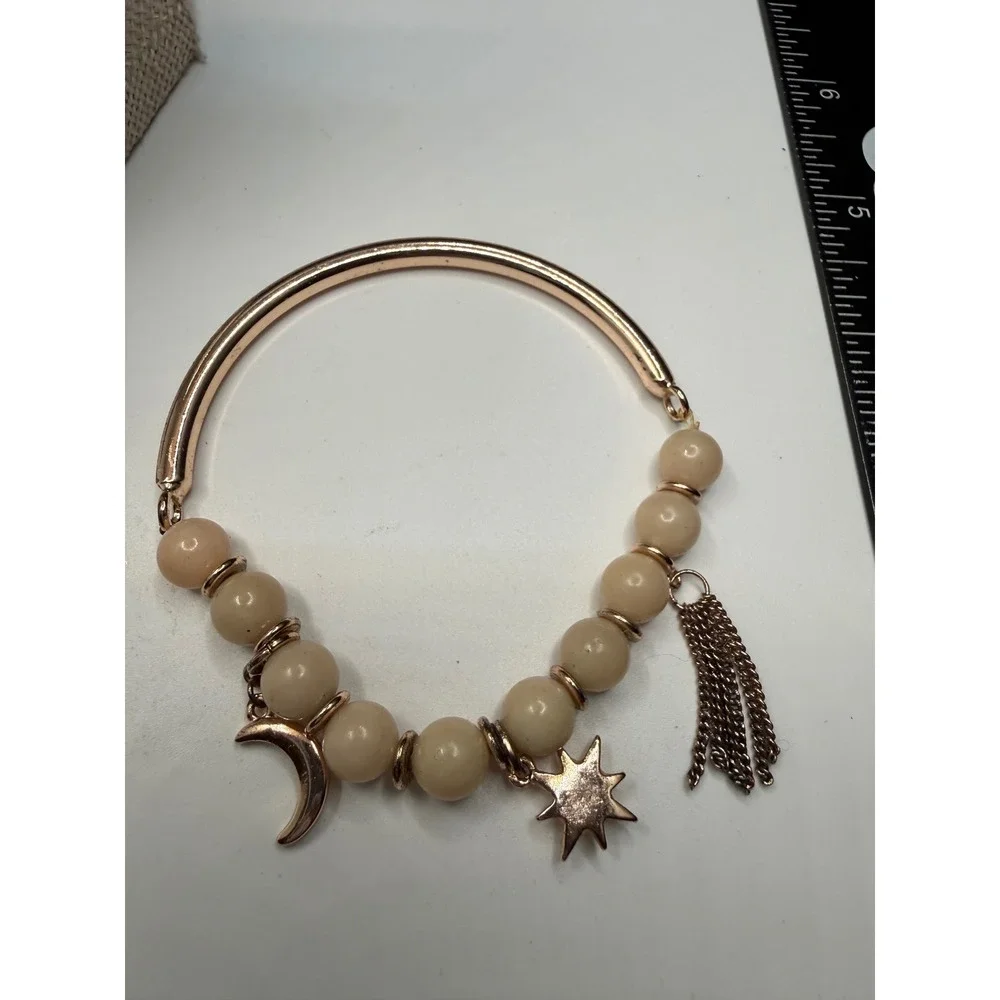 Rose Gold Celestial Charm Bracelet Moon Star Tassel Cream Beaded Stretch Bangle‎